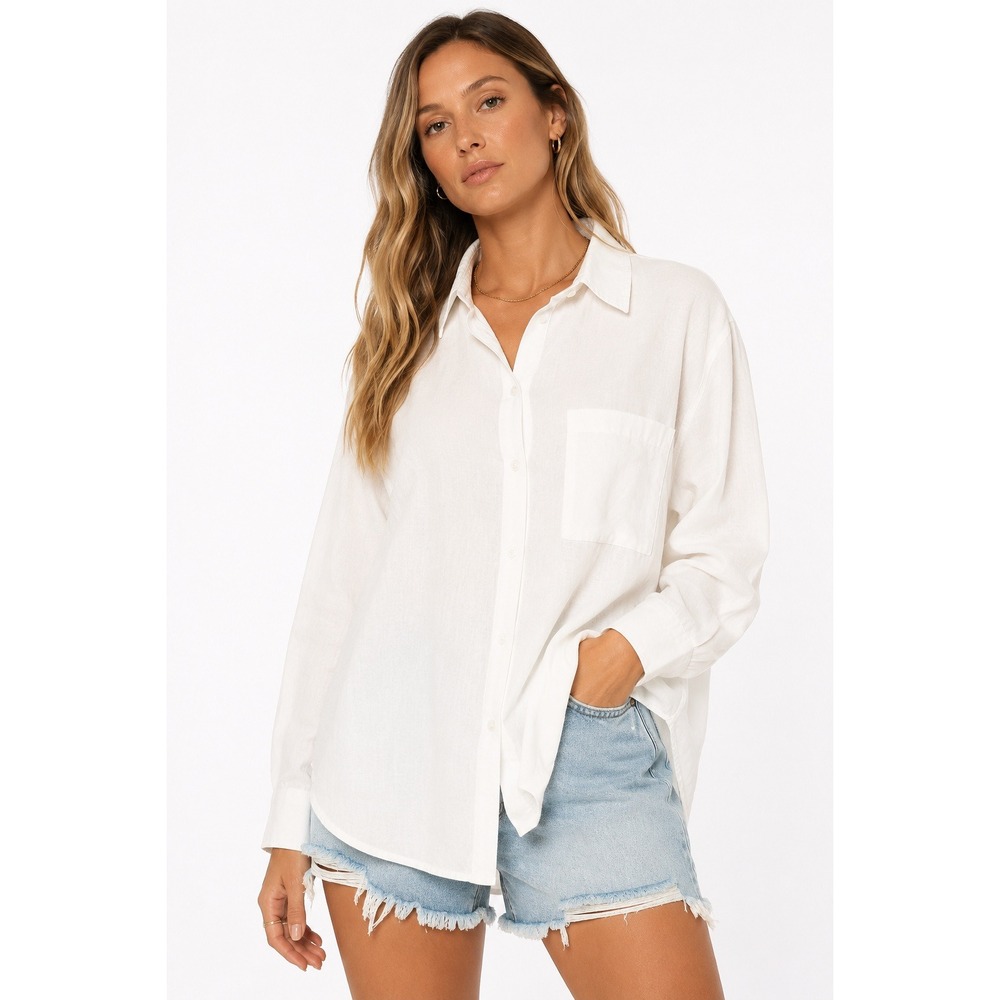 Z Supply Becca Linen Button Down Shirt White Long Sleeve Blouse New L